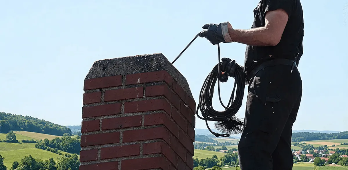 Chimney sweep inspecting and cleaning a rooftop chimney in Erie, PA