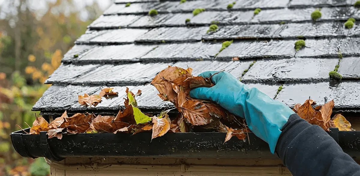 Gutter cleaning technician clearing wet leaves from roof gutters in Erie, PA